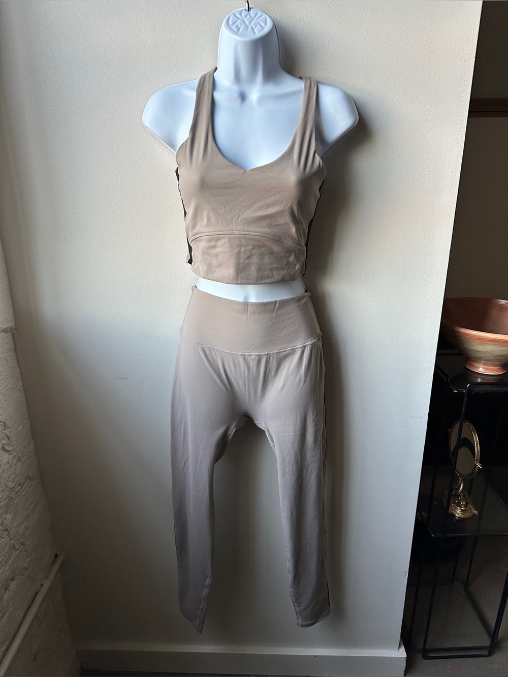 3 piece workout Pilates Yoga Matching Activewear Set Beige Sports Bra Leggings